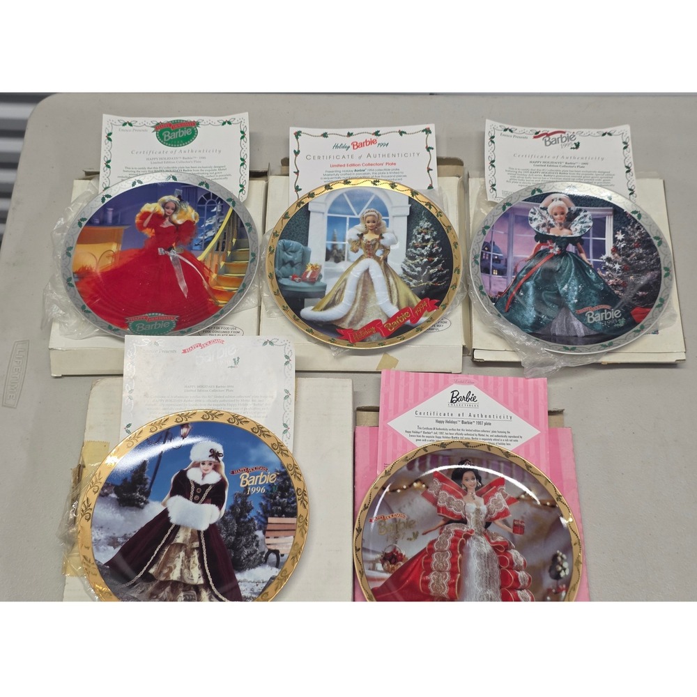 Lot 5 Enesco Happy Holidays Barbie Collector Plates 1988 1994 1995 1996 1997 COA